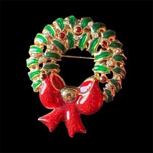 Festive Wreath Brooch with Red Bow